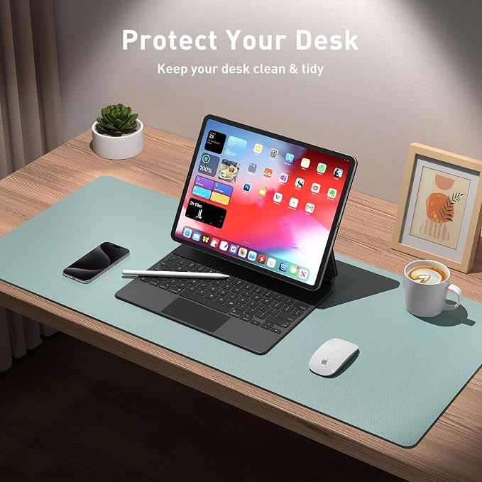 Aothia Leather Desk Pad Protector, Mouse Pad,Office Desk Mat, Non-Slip PU Leather Desk Blotter, Laptop Desk Pad, Waterproof Desk Writing Pad for Office and Home (36" x 17", Light Blue) - Image 3