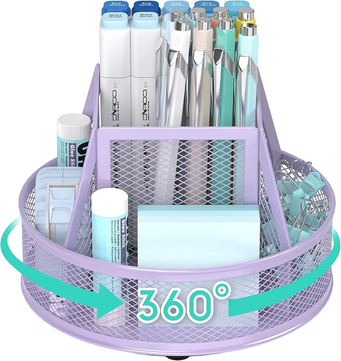 YINGHUA Metal Mesh Desk Organizer with 5 Compartments and Rotating Pencil Holder Pen and Stationery Organizer for Office Home School Anti Slip Base Purple by YINGHUA