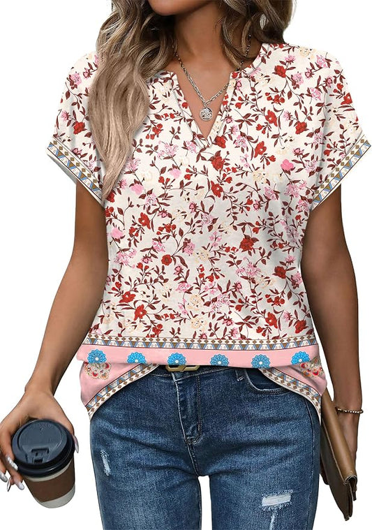 Womens Tops Dressy Casual V Neck Rolled Sleeve T Shirts Fashion Clothing Business Casual Outfits Beach Vacation Clothes by XIEERDUOFASHION