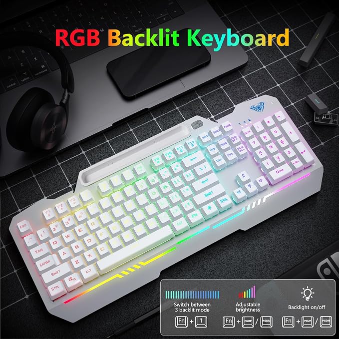AULA Gaming Keyboard, T102 104 Keys Keyboard and Mouse Combo, USB Wired Computer Keyboards Mechanical Feel Full Size, RGB Backlit for PC/Laptop Gaming or Working/Office (White) - Image 2