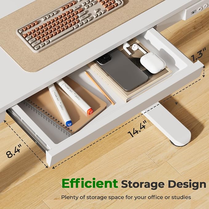 35" Electric Standing Desk with Drawer, 4 Lockable Wheels | Height Adjustable Quick Install One-Piece Tabletop with USB Charging Port, Small Sit to Stand up Desk for Home Office, White - Image 2