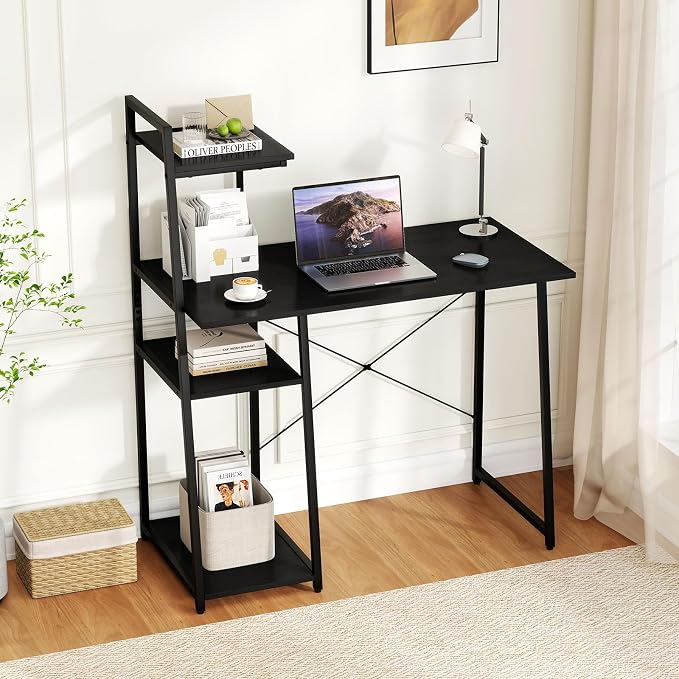 Giantex Computer Desk with Shelves, 47.5” Home Office Desk with Bookshelf, Host Stand, Metal Frame, PC Laptop Workstation, Modern Study Writing Desk for Bedroom, Small Space (Black) - Image 6