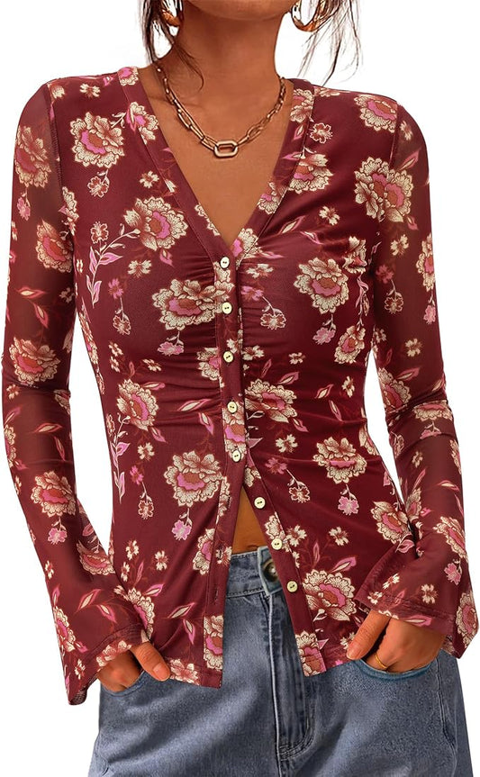 BTFBM Button Down Shirts for Women 2026 Fall Boho Tops V Neck Long Sleeve Blouses Ruched Mesh Fitted Fashion Clothing by BTFBM