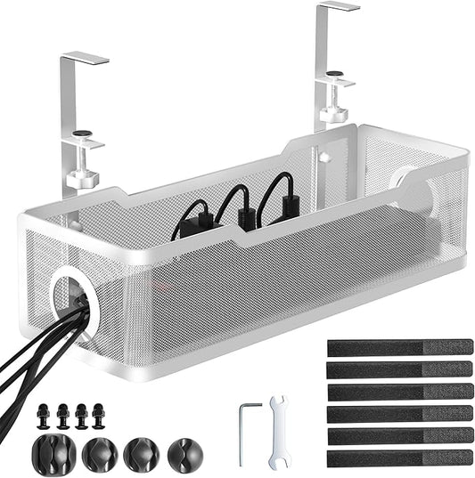 Under Desk Cable Management Tray White, Cinati Wire Organizers No Drill, Cable Tray with Clamp for Wire Management, Cord Organization Box for Office, Home - No Damage to Desk by Cinati
