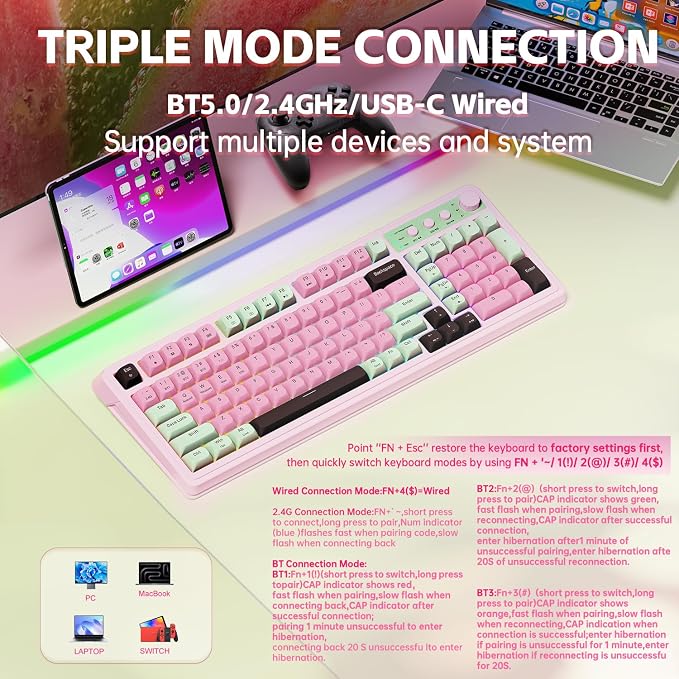 AULA Keyboard, Wireless Gaming Keyboard Creamy Bluetooth Computer Keyboards | 99 Key, Membrane Keyboard with Number Pad,RGB Backlit,Tri-Mode BT/2.4GHz/USB-C,Pink&Green&Coffee Color - Image 3
