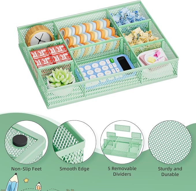 Marbrasse 2 Pack Desk Drawer Organizer, Mesh Drawer Organizer Tray with 8 Adjustable Compartments, Desk Organizers and Accessories, 5 Dividers Drawer for Office Supplies, Makeup & Vanity (Green) - Image 6