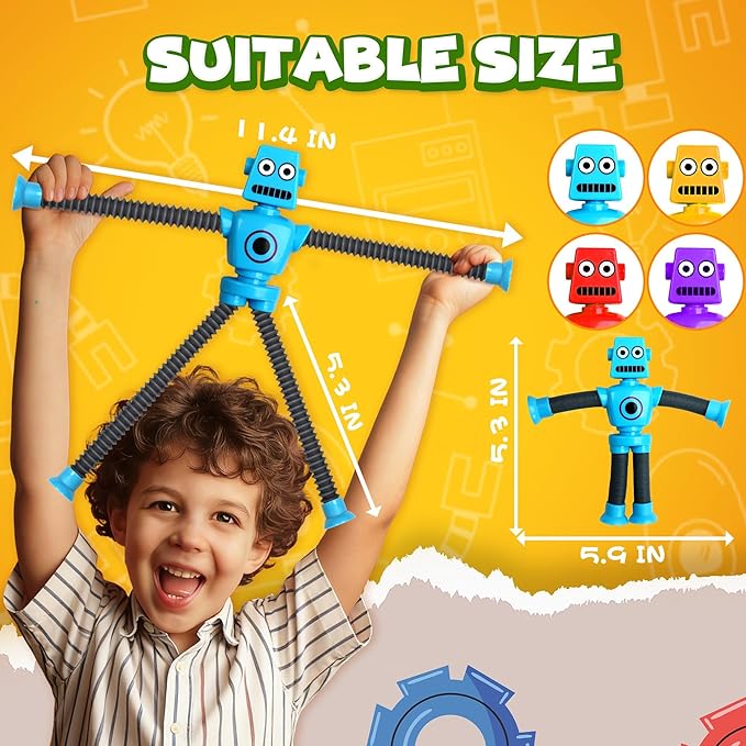 Robot Sensory Travel Roadtrip Toys 4Pcs for Toddlers Kid Boy Year Old Ages 3 4 5 6 7 8 9,Airplane Activities Suction Autism Pop Tube Fidget Toys Autistic Stocking Easter Basket Stuffer Valentine Gift - Image 2