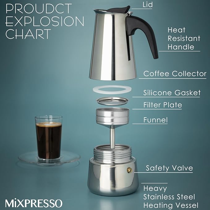 Mixpresso 6 Cup Greca Moka Pot, Stainless Steel Stovetop Espresso Maker | 300ml/10oz Italian stovetop coffee maker with classic percolator design, ideal for preparing coffee at home or while camping - Image 2