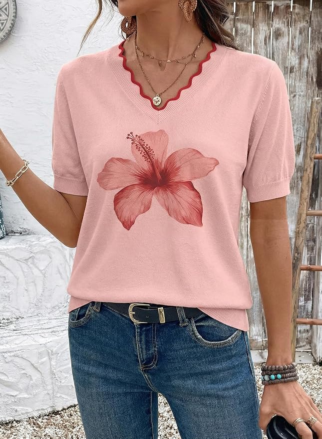 Dokotoo Womens Summer Short Sleeve Knit Tops 2026 Spring Trendy Casual V Neck Striped Sweater Blouses - Image 3