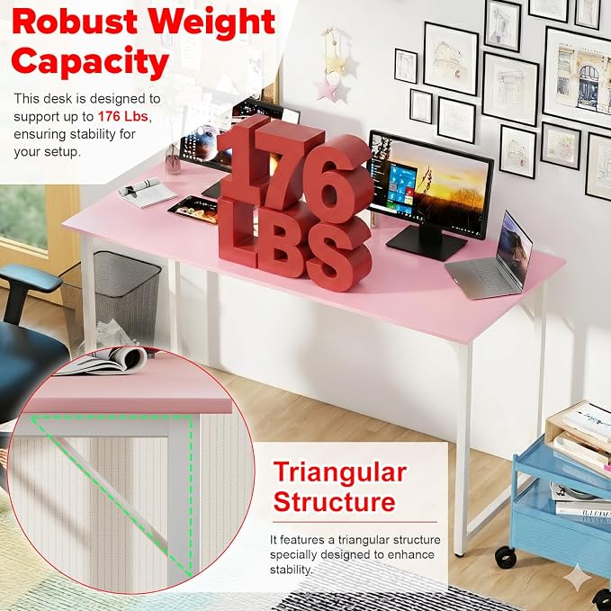 PayLessHere | 55 Inch Computer Desk | Pink | Office Desk with Metal Frame, Adjustable Feet | Water-Resistant, Scratchproof Surface | Sturdy Writing Table for Home Office or Study | Pack of 1 - Image 6