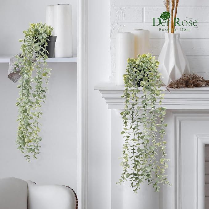 Der Rose 3Pcs Fake Plants Hanging Artificial Decor Faux Potted Eucalyptus Plants for Boho Bathroom Home Office Desk Wall Shelf Bookcase Accessories Decor Indoor - Image 2