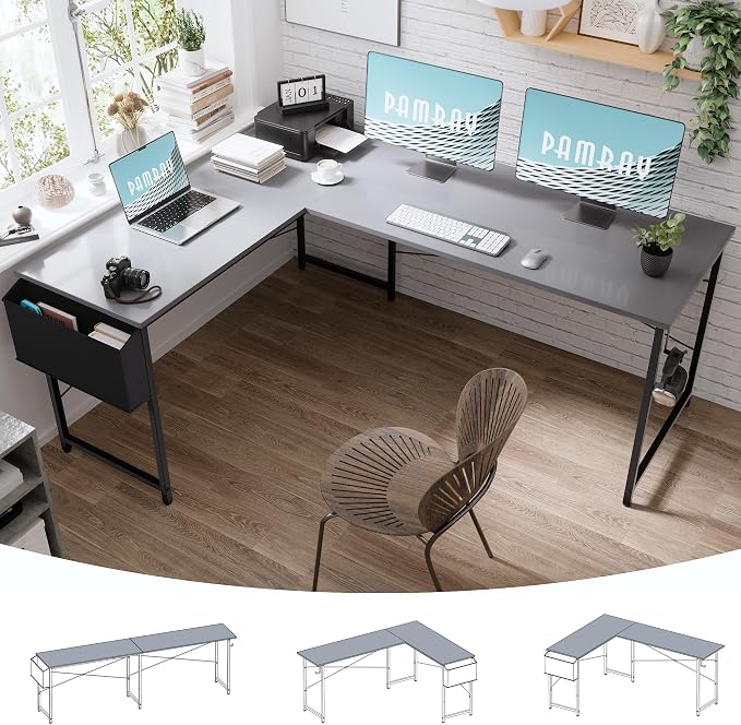 Pamray 64.5 Inch Reversible L Shaped Gaming Desk Large Corner Computer Desk with Storage Bag Home Office Table for Writing Study Grey by PAMRAY