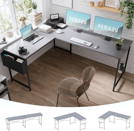 Pamray 64.5 Inch Reversible L Shaped Gaming Desk Large Corner Computer Desk with Storage Bag Home Office Table for Writing Study Grey by PAMRAY