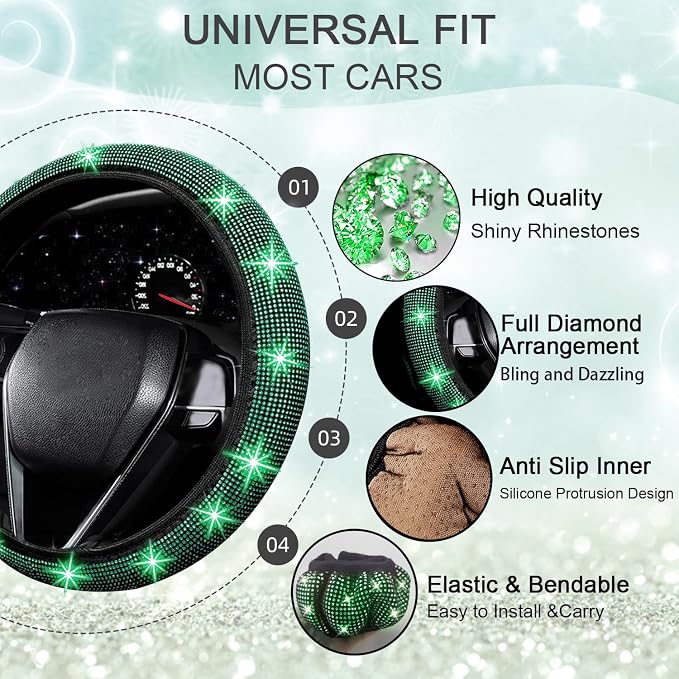 NBTEPEM 27 PCs Green Bling Car Accessories Set for Women, Steering Wheel Covers Universal Fit 15 Inch, Bling License Plate Frame, Bling Phone Holder, Bling Car Coasters (Green Diamond) - Image 3