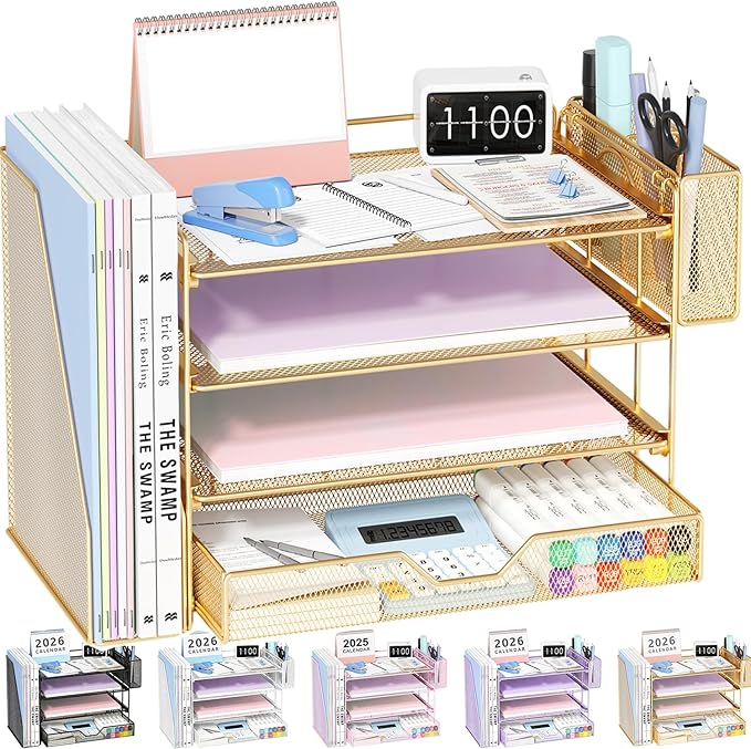 OPNICE Desk Organizers and Accessories, 4-Tier Desktop File Organizer with Drawer and Pen Holders, Office Desk Accessories Workspace Organizers for Office Supplies (Gold) by OPNICE