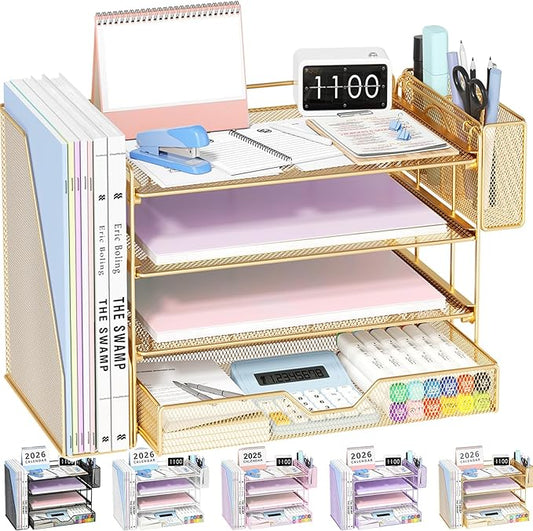 OPNICE Desk Organizers and Accessories, 4-Tier Desktop File Organizer with Drawer and Pen Holders, Office Desk Accessories Workspace Organizers for Office Supplies (Gold) by OPNICE