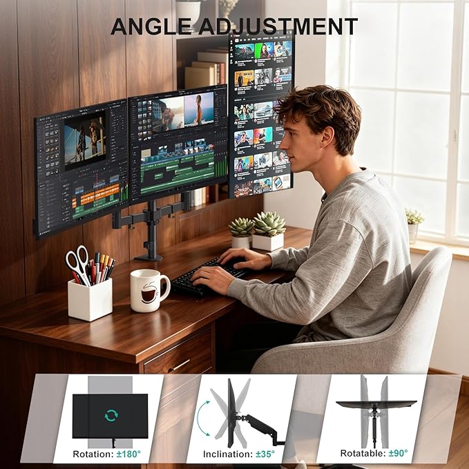 WALI Triple Monitor Mount for 13-32 inch Screens, up to 17.6 lbs per Arm | Adjustable 3 Monitor Desk Mount with Swivel, Tilt, Rotation, Triple Monitor Stand for Desk, VESA 75/100mm (GSDM003), Black - Image 4