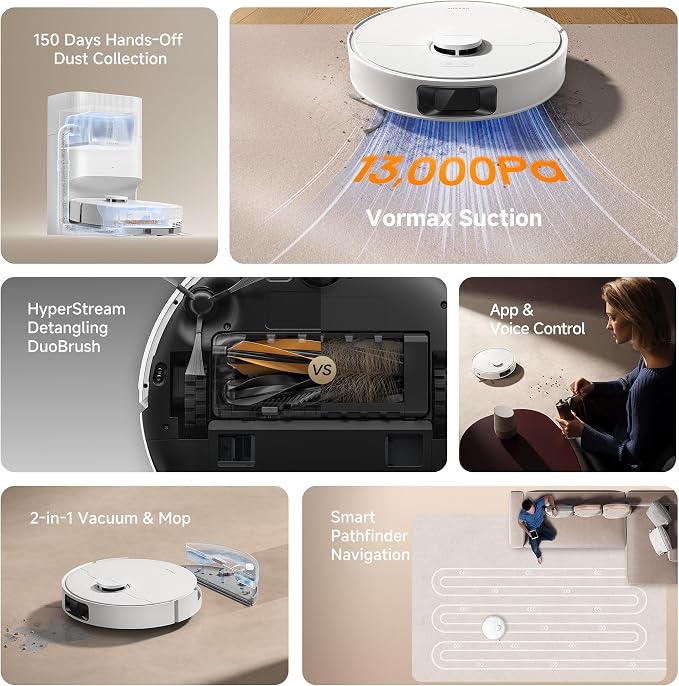 dreame D20 Plus Robot Vacuum and Mop, Detangling DuoBrush for Pet Hair | 13,000Pa Suction, Self-Emptying with 5L Dust Bag, LDS Mapping, App & Voice Control, Ideal for Hard Floors & Carpets - Image 10