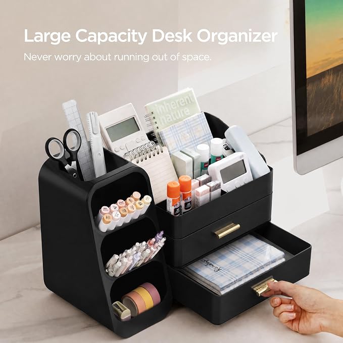 HBlife Desk Organizer with Pen Pencil Holder for Desk, Pen Organizer with 2 Drawers, Desk Organizers and Accessories with 4 Compartments, Desktop Storage for Office Home School Art Supplies, All Black - Image 2