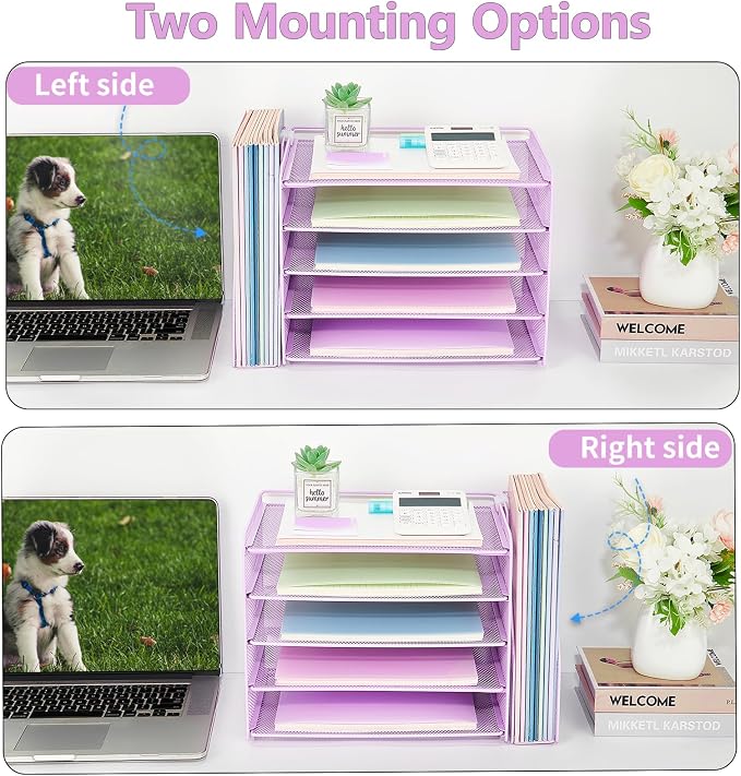 OPNICE Desk Organizer, 5-Tier Paper Organizer Letter Tray with Magazine Holder, Office Desk Accessories & Workspace Organizers, Desktop File Organizer for Office Supplies Storage, Purple - Image 7