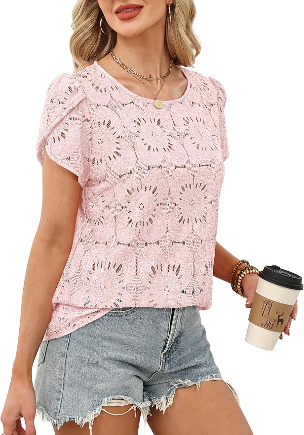 OFEEFAN Blouses for Women Dressy Casual Petal Short Sleeve Shirts Crochet Lace Boho Tops Spring Fashion Summer Outfits - Image 4