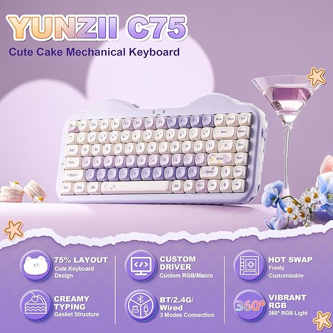 YUNZII C75 Cute 75% Wireless Mechanical Keyboard (Purple, Milk V2 Switch) | Creamy Cake Keyboard, BT5.0/2.4G/USB-C, Hot-Swap, NKRO, PBT MOA Keycaps,5500mAh RGB Gasket Mount for Mac/Win/Gaming/Office - Image 2