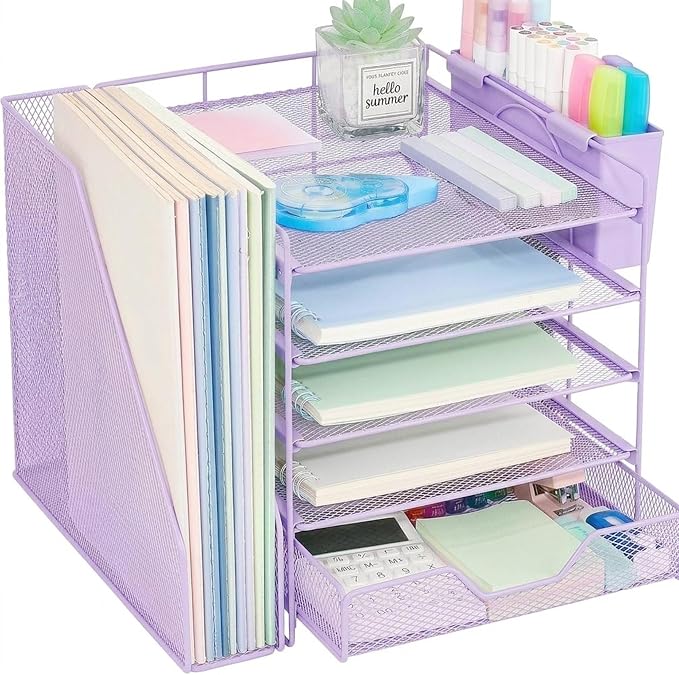 Desk Organizers and Accessories, 5-Tier Paper Letter Tray Organizer with File Holder, Drawer & Pen Holder, Office Desk Accessories, Desktop Organizer for Classroom Office Supplies, Purple by Illuminatinglifewiththewarmthandloveoflight