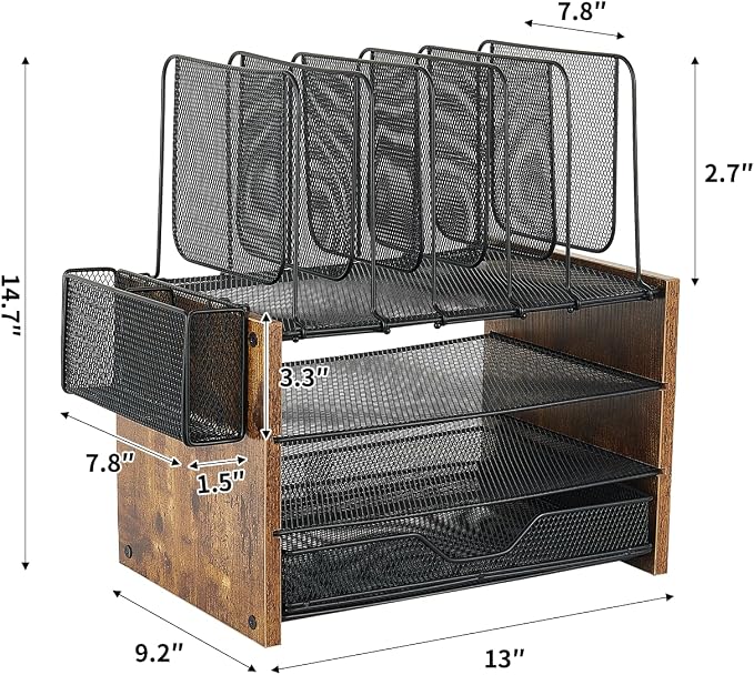 OPNICE Desk Organizer, 4-Tier Desktop File Organizer with Drawer and Pen Holders, Office Desk Accessories, File Sorters, Workspace Organizers for Office Supplies(Brown) - Image 7