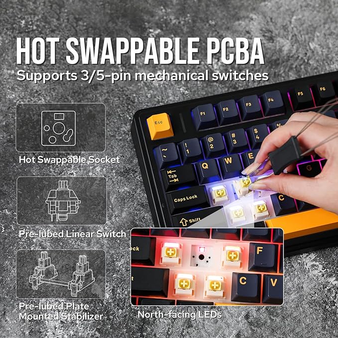 EPOMAKER x Aula F75 Gasket Mechanical Keyboard, 75% Wireless Hot Swappable Gaming Keyboard with Five-Layer Padding&Knob, BT/2.4GHz/USB-C, RGB (Black, Ice Vein Switch) - Image 4