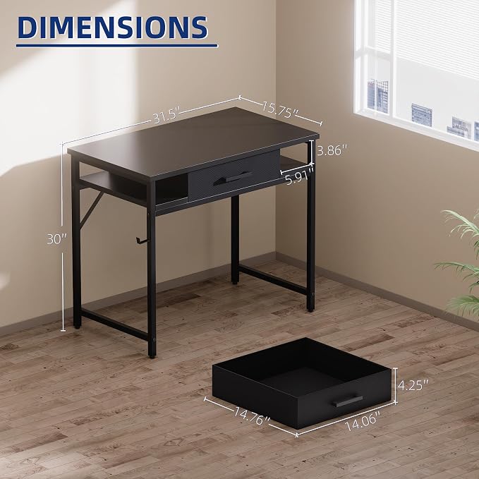 Pamray 32 Inch Small Computer Desk with Drawers for Bedroom Small Spaces | Compact, Sturdy, Easy Assembly, Mini, Suitable for Dorm and Apartment, Study and Writing - Image 3