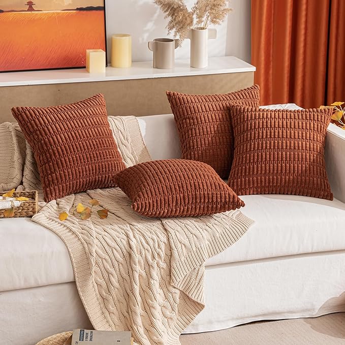 MIULEE Fall Pack of 2 Dark Rust Corduroy Decorative Pillow Covers 12x12 Inch Soft Boho Striped Throw Pillow Covers Modern Farmhouse Home Decor for Sofa Living Room Couch Bed - Image 7