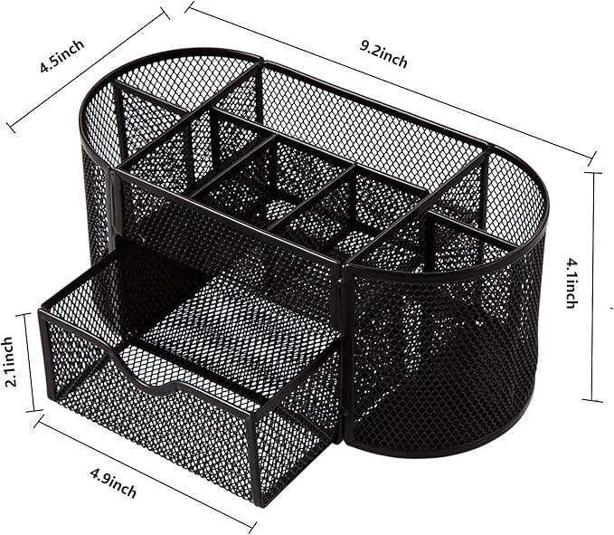 Comix Mesh Pen Pencil Holder Desk Organizer, 8 Compartment and 1 Drawer Wire Desktop Pen Pencil Cup Caddy Office Supplies Accessories for Home Office School, Black - Image 2