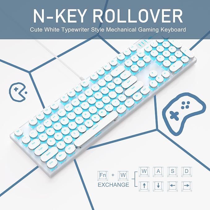 Camiysn Typewriter Style Mechanical Gaming Keyboard, White Retro Punk Gaming Keyboard with Blue Backlit, 104 Keys Blue Switch Wired Cute Keyboards, Round Keycaps for Windows/Mac/PC - Image 3