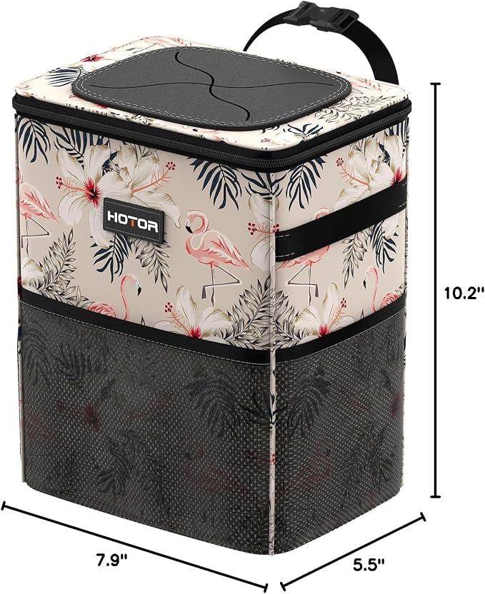 HOTOR Car Trash Can with Lid and Storage Pockets - 100% Leak-Proof Organizer, Waterproof Garbage Can, Multipurpose Trash Bin for Car, 2 Gallons, Flamingo - Image 2