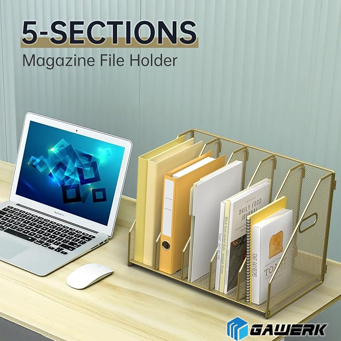 MINDEPOT Desk File Organizer Folder Holder with 5 Vertical for Office, Gold - Image 3
