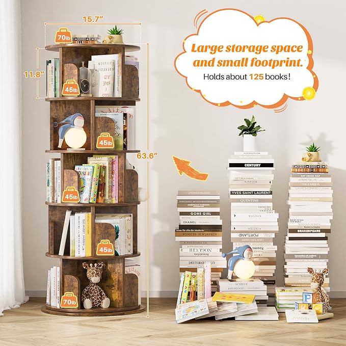 Aheaplus Rotating Bookshelf, 360 Display Wood Spinning Bookshelf Tower, 5 Tier Floor Standing Bookcase Storage Rack, Revolving Bookcase Corner Bookshelfs for Small Space, Study, Bed Room, Rustic Brown - Image 3