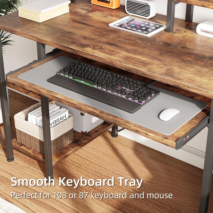 VERMESS 48Inch Computer Desk, Home Office Desks with Keyboard Tray, Gaming Desk with CPU Stand Shelf,Industrial Study Table Wide Writing Desk with Storage Shelves for 2 Monitors, Rustic Brown - Image 5