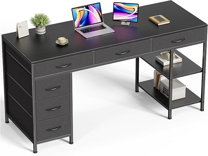 Huuger Computer Desk with 6 Drawers, Office Desk with Shelves, Reversible Gaming Desk, Corner Desk with Storage, Work for Home Office, Study, Living Room, 54inch, Black by Huuger
