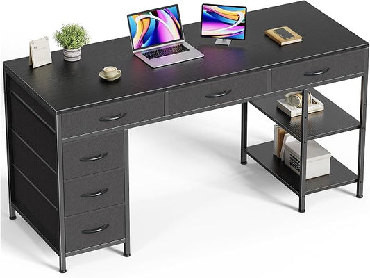 Huuger Computer Desk with 6 Drawers, Office Desk with Shelves, Reversible Gaming Desk, Corner Desk with Storage, Work for Home Office, Study, Living Room, 54inch, Black by Huuger