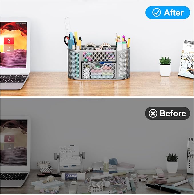 EasyPAG Mesh Pen Holder Desk Organizer with Drawer Stationery Supplies Organizer for Dorm School 9 Compartments Workspace Desk Accessories Organization for Office, Silver - Image 5