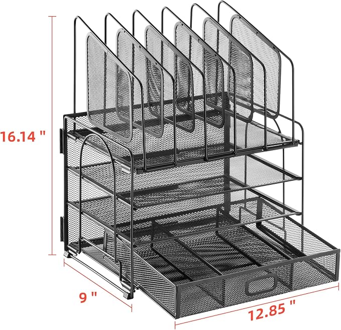 Marbrasse Desk organizer with Drawer, 4-Tier Mesh File Organizer with 5 Vertical File Holders and 2 Pen Holders, Multifunction Desktop Organizer,Desk Organizers and Accessories for Home Office - Image 7