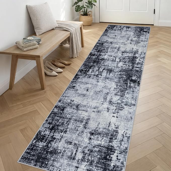 2.6'x14' Runner Rug Washable Rug: Modern Abstract Soft Thin Runner Rug Dark Black - Image 3