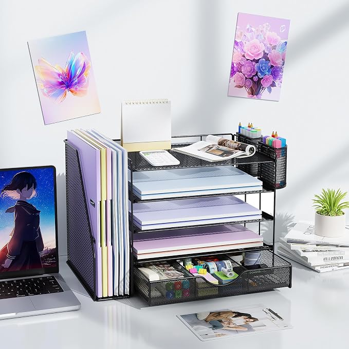 gianotter 5-Tier Desk Organizer with Drawers and File Holders | Letter Trays and Pen Holders - Workspace Accessories for Office Supplies (Black) - Image 6