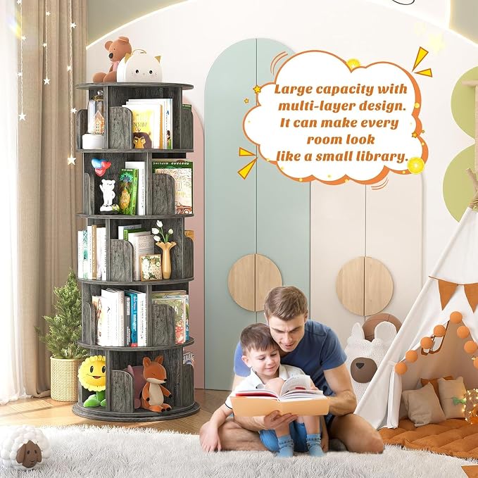 Aheaplus Rotating Bookshelf, 360 Display Wood Spinning Bookshelf Tower, 5 Tier Floor Standing Bookcase Storage Rack, Revolving Bookcase Corner Bookshelf for Small Space, Bedroom, Study Room,Black Oak - Image 5