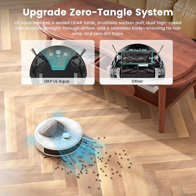 OKP Lidar Robot Vacuum and Mop Combo, 6000Pa Automatic Robotic Vacuum, Smart Mapping, 3.7 inch Thin, 150 Min Max, 5G WiFi/App/Alexa Control, Ideal for Pet Hair, Hardfloors, Carpets, Home(L6 Aqua) - Image 5