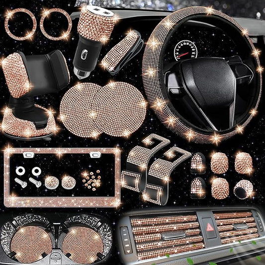 NBTEPEM 27 PCs Gold Champagne Bling Car Accessories Set for Women, Steering Wheel Covers Universal Fit 15 Inch, Bling License Plate Frame, Bling Phone Holder, Bling Car Coasters by NBTEPEM