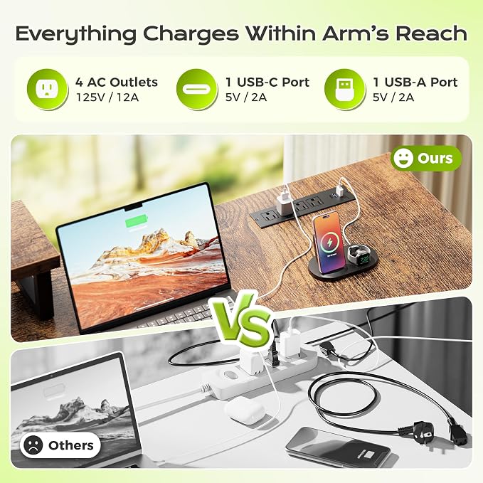 PRAISUN 53" L Shaped Computer Desk, Outlets, Monitor Stand, Rustic Brown | USB-C Ports, Reversible Charging Station, Spacious Desktop & Legroom, 0.94 Inch Thick Desktop, for Gaming, Study & Work - Image 5