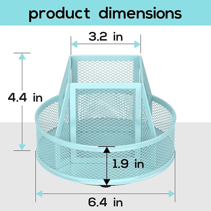 YINGHUA Metal Mesh Desk Organizer with 5 Compartments and Rotating Pencil Holder Pen and Stationery Organizer for Office Home School Anti Slip Base Blue - Image 2
