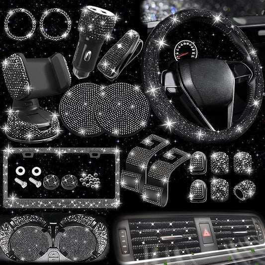 NBTEPEM 27 PCs Black Bling Car Accessories Set for Women, Steering Wheel Covers Universal Fit 15 Inch, Bling License Plate Frame, Bling Phone Holder, Bling Car Coasters (Black Diamond) by NBTEPEM