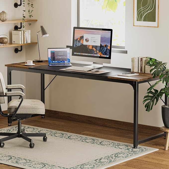 Huuger 78.7 Inch Office Computer Desk with Storage, Writing Work Desk for Home Office, Study, Gaming, Long Simple Desk, Large Legroom, Metal Frame, Rustic Brown and Black - Image 7